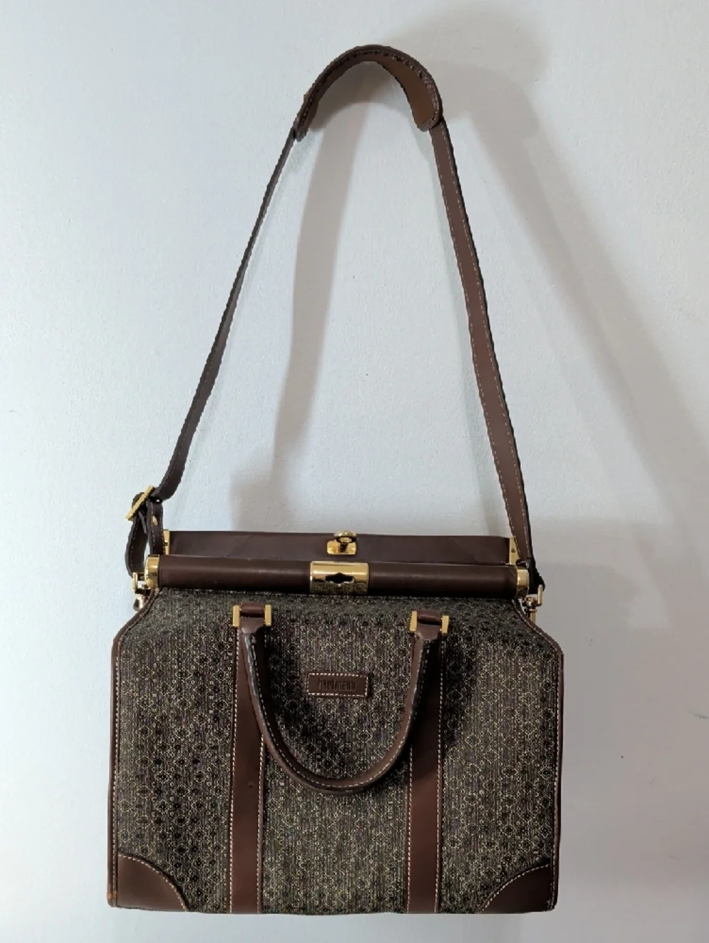 Men's Brown Patterned Leather-Trim Briefcase